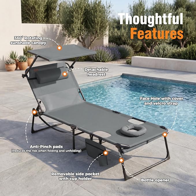 Tanning Chair with Face Hole & Canopy, 28'' Extra Wide, Dark Grey | Folding Chaise Lounge Chair with 4-Position Adjustable Backrest for Beach, Pool, Patio & Camping