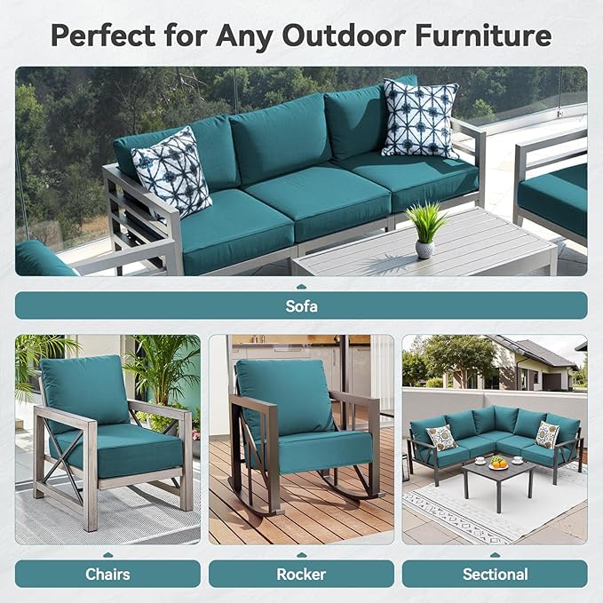 Luxury 6" Outdoor Cushions for Patio Furniture, 24x24x6" Thick Seat Cushion Set of 7, Fade Resistant Couch Chair Replacement Cushions High Density Deep Wicker Chair Cushion w/ Removable Cover, Green