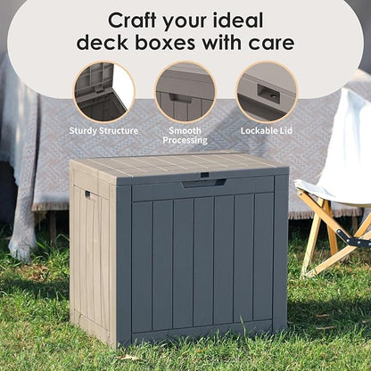 30 Gallon Deck Box, Waterproof Resin Outdoor Storage Box Lockable for Patio Furniture, Fade Resistant Patio Side Table & Organizer for Garden Tools, Pool Floats, Outdoor Cushions, Light Coffee