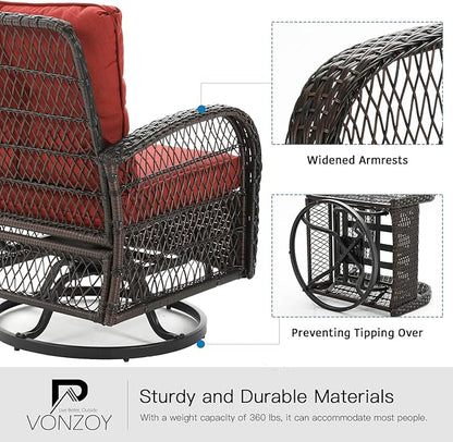 3 Pieces Patio Furniture Set, Outdoor Swivel Glider Rocker, Wicker Patio Bistro Set with Rocking Chair, Thickened Cushions and Table for Porch (Red)