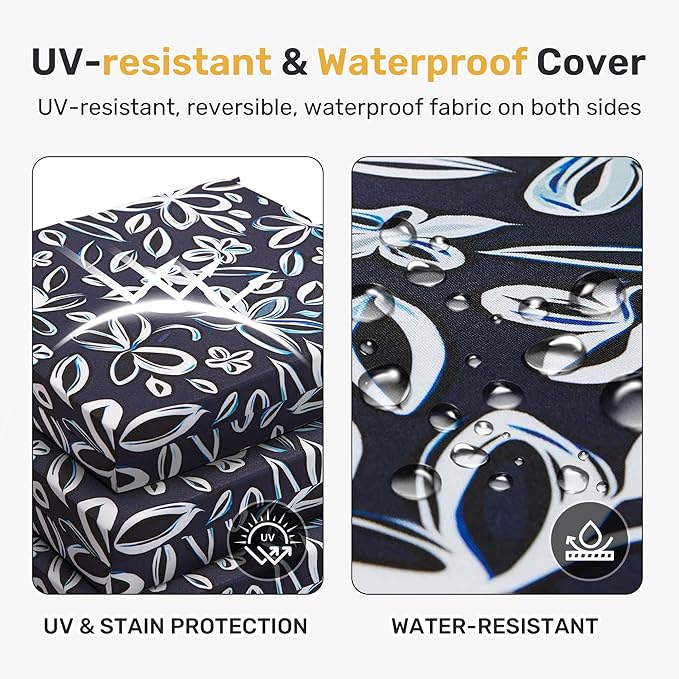 UNIKOME Outdoor Chair Cushions Pack of 4, Water Resistant Patio Cushions with Ties, High Density Sponge Filling Square Corner Seat Cushions for Outdoor Furniture, 24"*24"*4", Navy/White