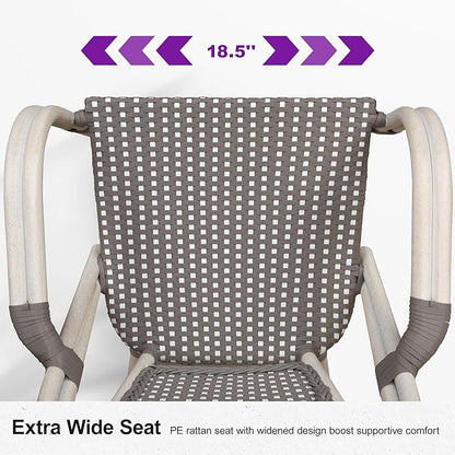 PURPLE LEAF French Bistro Chairs Set of 2 Aluminum Hand-Woven Rattan Wicker Dining Chairs with Arms for Outdoor Porch Garden White Print Finish Grey
