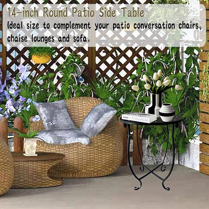 Outdoor Side Table, 14-inch Small Round Metal Patio Table with Flower Cut-Out Design, Modern Rust-Proof Portable End Table Patio Side Table for Outside Garden Balcony Yard & Indoor Use 1 Pack