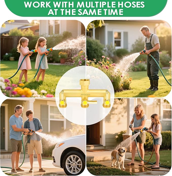 Garden Hose Holder for Outside & Garden Hose Splitter, Upgraded Water Hose Holders with 5 Spikes & 2 Shepherds Hooks, Brass 3 Way Hose Splitter Heavy Duty With Extension Handle