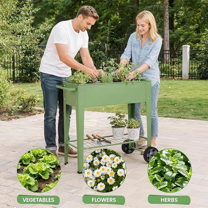 Tall Raised Garden Bed Outdoor with Wheels, Metal Elevated Raised Planter Box with Drainage Holes for Vegetables, Flower, Herbs(Green)