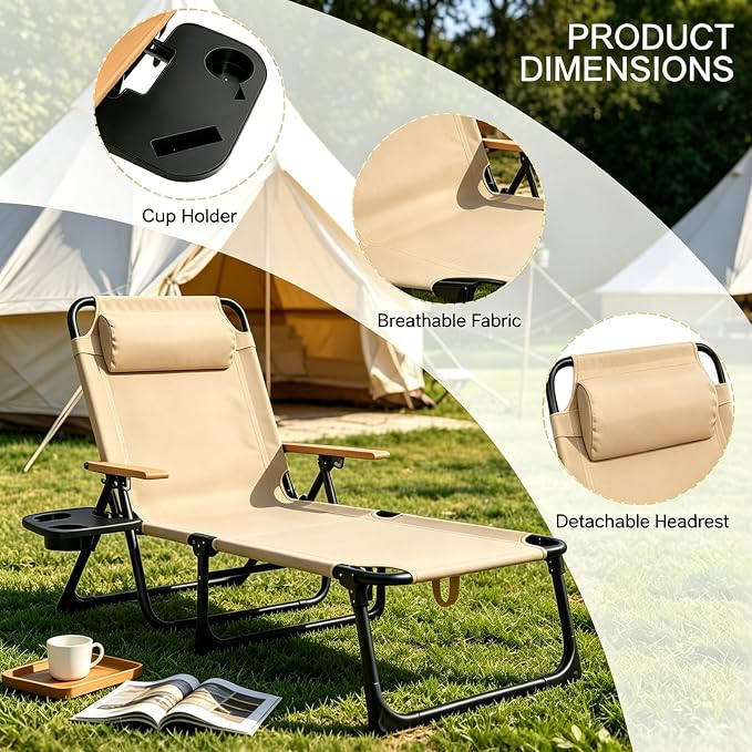 Foldable Chaise Lounge Chair Outdoor, Tanning Chair with 4-Position Reclining Back, Folding Sun Lounger, Outdoor Lounge Chair for Beach, Poolside, Backyard, Camping, UPF 50+, 300 LBS