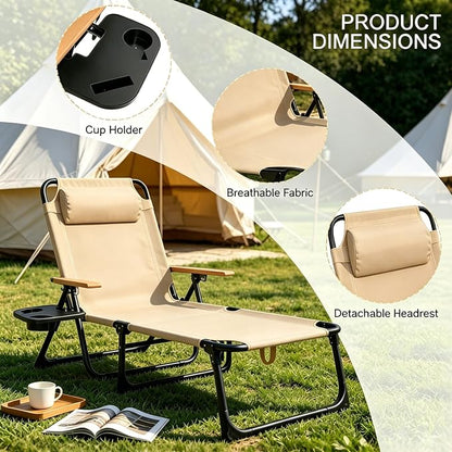 Foldable Chaise Lounge Chair Outdoor, Tanning Chair with 4-Position Reclining Back, Folding Sun Lounger, Outdoor Lounge Chair for Beach, Poolside, Backyard, Camping, UPF 50+, 300 LBS