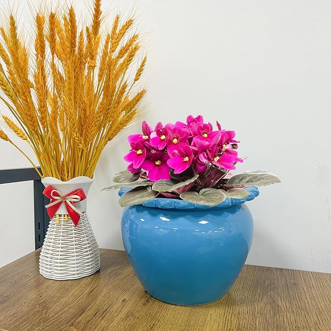 Large African Violet Pots 8 Inch Blue Ceramic Easy Plant Self Watering Pot Ceramic Flowerpot with Water Absorbing Inner Pot Orchid Planter Lawn Yard Outside Decor
