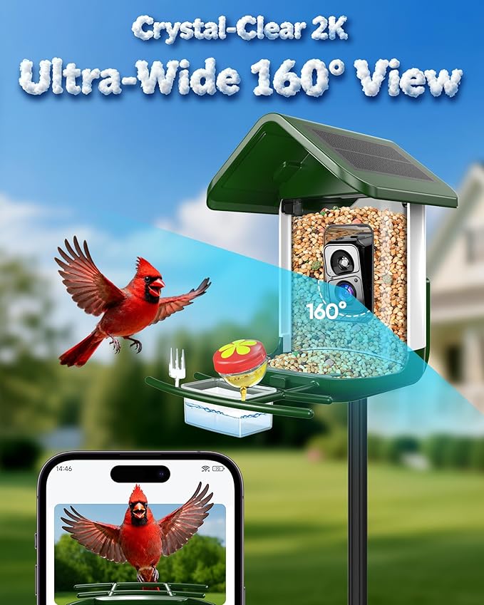 Bird Feeder with Camera Solar Powered - Smart Bird Feeder Camera 2K HD Live Stream, 5MP Photos, AI Identification for Backyard, 2.4Lb Large Capacity, Gifts for Mom Dad, Green White