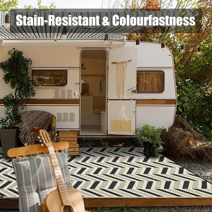 HUGEAR Outdoor Plastic Straw Rug, Waterproof Outdoor Rugs for Patios Clearance, Reversible Area Rug, Large Outside Carpet for Camping, Balcony, RV, Deck, Picnic, Beach (5x8ft Modern/Black&Brown)