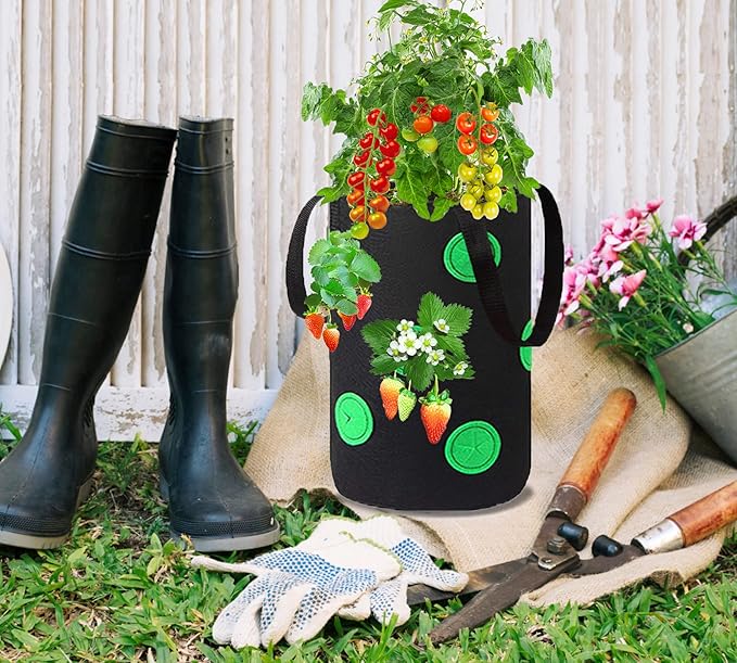 Miewslan 2 Pack Gardens Upside Down Strawberry Planter, Hanging Tomato Strawberry Grow Planter Garden Vegetable Planting Bags with Holes(Black)
