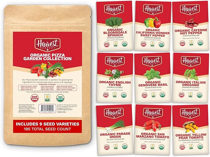 The Harvest Company Organic Pizza Garden Seed Collection, Non-GMO, Certified USDA Organic, Open-Pollinated Garden Seeds for Indoor Outdoor Planting, 195 Seeds Total