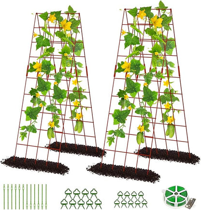DoCred Cucumber Trellis, 59" High 2 Pack Foldable A Frame Trellis for Raised Bed Climbing Plants, Vegetables, Includes Plant Support Clips, Twist Ties, Plastic Ties- Made from PVC-Coated Steel