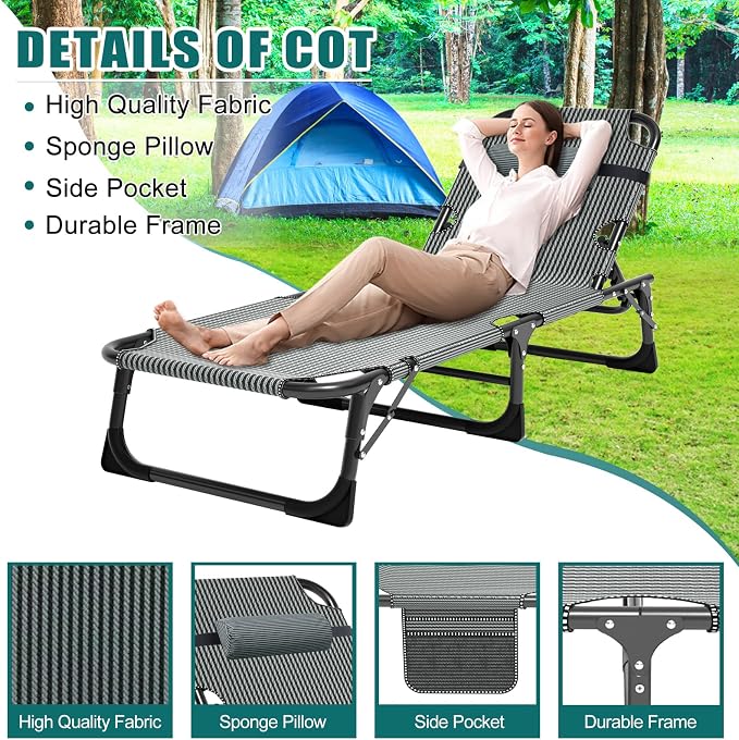 DoCred Folding Lounge Chair, 5 Position Adjustable Folding Sleeping Bed Cot Chaise Lounge Chairs Perfect for Sunbathing, Camping, Pool, Beach, Patio