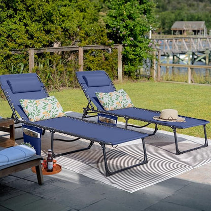 Flamaker Foldable Chaise Lounge Chair 5-Position Adjustable, Tanning Chair with Side Pocket, Outdoor Sunbathing for Pool, Beach, Patio, Lawn, Indoor Recliner Chair for Napping(Blue, 1 Pcs)