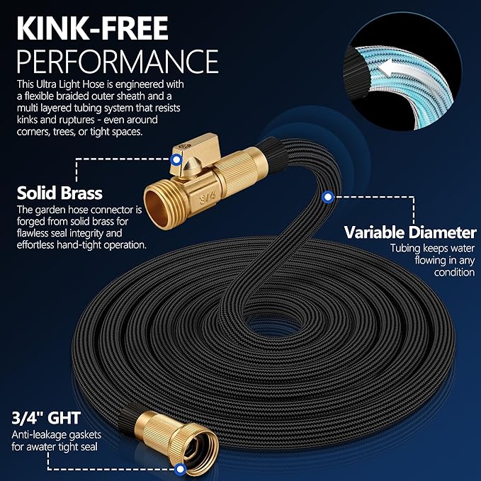 Flexible Garden Hose 25 FT, Ultra Lightweight Water Hoses 25FT w/10 Function Sprayer and 3/4" Brass Fittings, Kink-Free, Sturdy, Abrasion Resistant for Yard, Lawn, Outdoor and Gardening(Black)