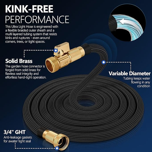 Flexible Garden Hose 25 FT, Ultra Lightweight Water Hoses 25FT w/10 Function Sprayer and 3/4" Brass Fittings, Kink-Free, Sturdy, Abrasion Resistant for Yard, Lawn, Outdoor and Gardening(Black)