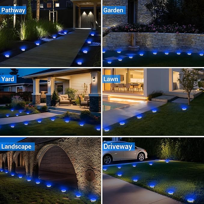Peasur Mini Solar Ground Lights Outdoor, 4 Pack Flat Solar Powered Disc Lights, IP68 Waterproof, Anti-Rust, Landscape Lighting for Pathway Garden Yard Lawn Walkway Landscape Driveway, Blue