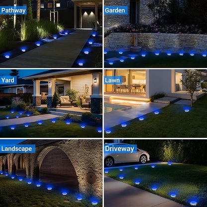 Peasur Mini Solar Ground Lights Outdoor, 4 Pack Flat Solar Powered Disc Lights, IP68 Waterproof, Anti-Rust, Landscape Lighting for Pathway Garden Yard Lawn Walkway Landscape Driveway, Blue
