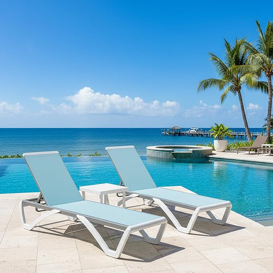 PURPLE LEAF Patio Chaise Lounge Chair Set of 3 Outside Aluminum Plastic Stackable Tanning Chairs for Pool Sunbathing Beach Deck Outdoor Lounger, Light Blue