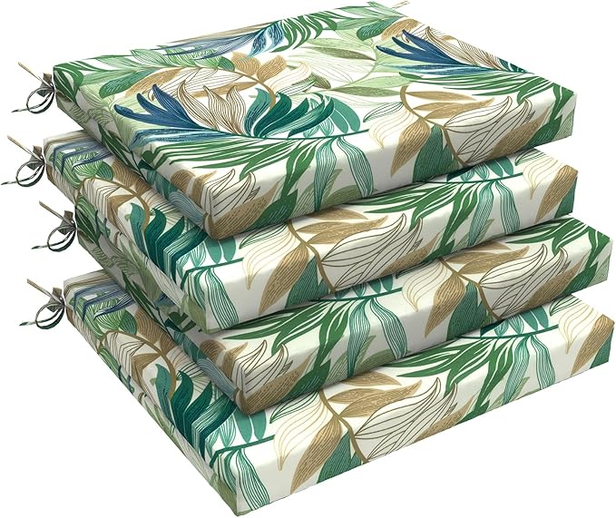 LVTXIII Outdoor Seat Cushions Seasonal Replacement Chair Cushions, Patio Chair Pads with Ties for Dining Chairs and Garden Furniture, Square Back, 18.5"x16"x2", 4 Pack, Lush Leaf Green