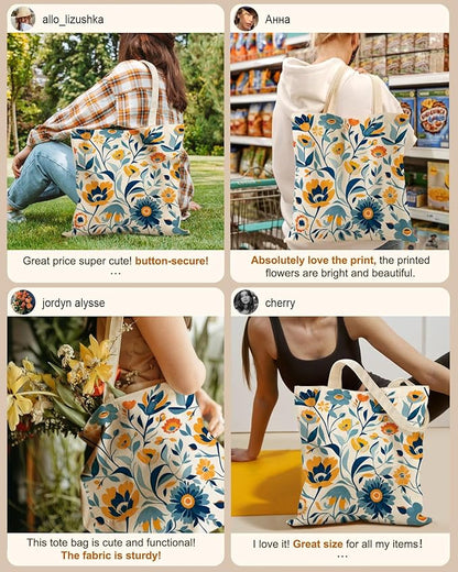 Miss Adola Canvas Tote Bag for Women – Aesthetic Canvas Bag with Zipper Cute Stylish Reusable Shoulder Totes for Shopping Work Daily Vacation, Blue Yellow Flower