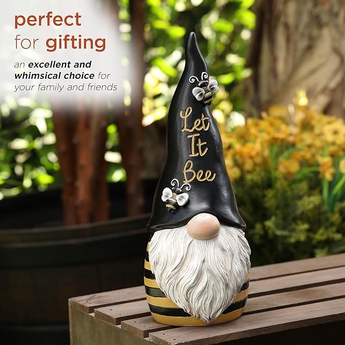 Alpine Corporation 12" H Let It Bee Indoor/Outdoor Garden Gnome Statue, Black/Yellow