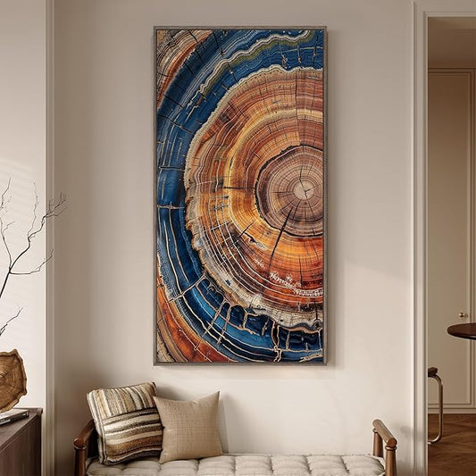 Extra Large Framed Vertical Tree Ring Wall Art for Living Room, Vintage Rustic Colorful Wood Stump Canvas Artwork for Walls, Nature Farmhouse Modern Wall Decor for Bedroom Hallway Office, 30x60 Inch