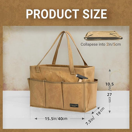 Durable 16OZ Waxed Canvas Tool Bag with Metal Frame, 15.5 Inch Large Collapsible Storage Tool Tote(Khaki | 15.5 X 7.5 X 10.5in)