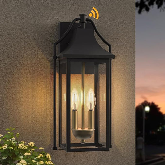 𝟏𝟖𝑰𝑵 Outdoor Wall Sconce Fixture, Dusk to Dawn Patio Lights Waterproof Exterior Lanterns, 2-Light Modern Wall Lights Mounted with Glass, Black Outside Light for House Front Door Decor