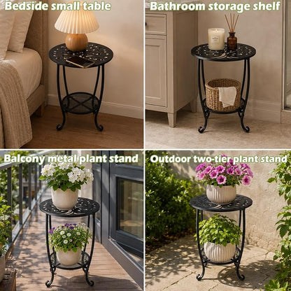 2-Tier Metal Round Side Table Black Accent Coffee Tables Small Space Corner Plant Stand Shelf for Indoor Outdoor Porch Patio Balcony Living Room End Table with Storage, Rust-Proof