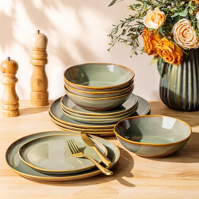 TheTerra Ceramic Dinnerware Set for 4, 12-Piece Plates and Bowls Set | Lightweight Porcelain Dish Set, Scratch Resistant, Oven & Microwave & Dishwasher Safe, Sage Umber