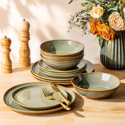 TheTerra Ceramic Dinnerware Set for 4, 12-Piece Plates and Bowls Set | Lightweight Porcelain Dish Set, Scratch Resistant, Oven & Microwave & Dishwasher Safe, Sage Umber