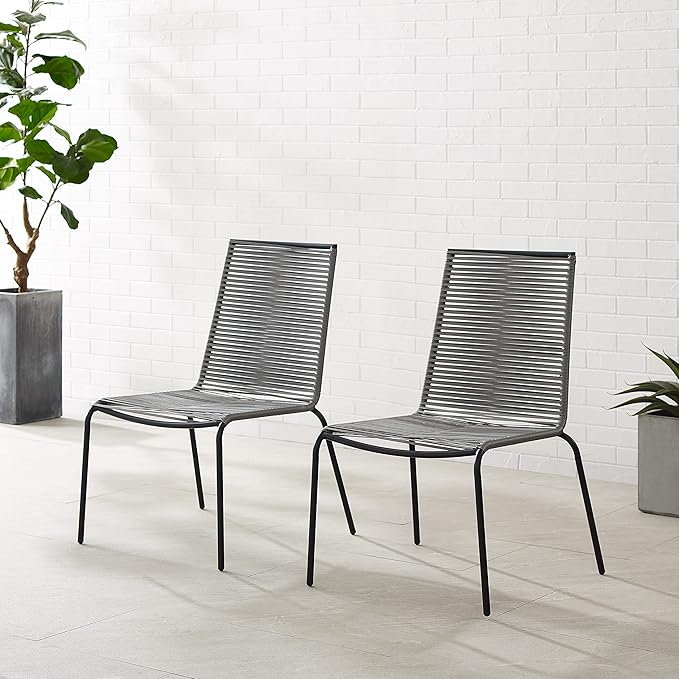 Crosley Furniture Fenton 2-Piece Stackable Outdoor Chair Set, Wicker Patio Chairs for Dining, Conversation, Matte Black/Gray
