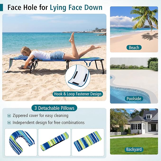 GYMAX Tanning Chair, 330lbs Beach Lounge Chair with Face Hole, Detachable Washable Pillow & Carry Strap, Adjustable Folding Lounger, Layout Chair for Outside, Patio, Poolside, Lawn (2, Blue Stripe)