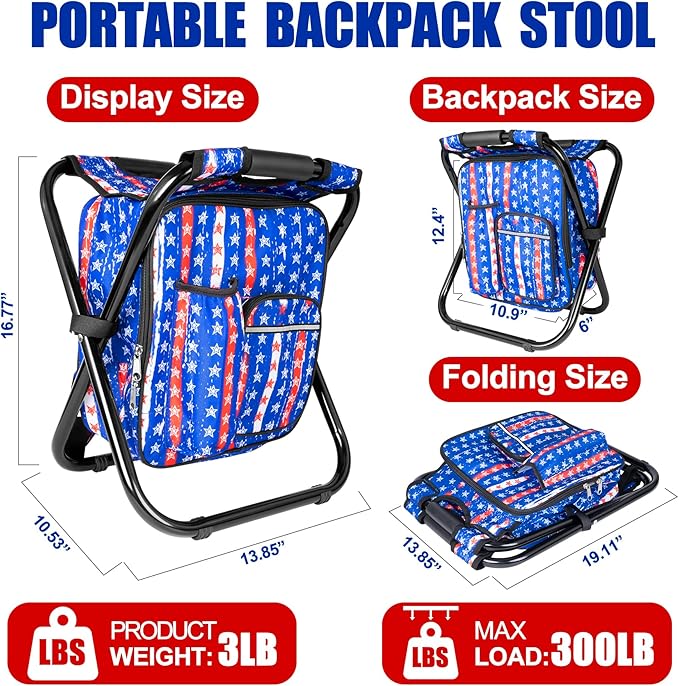Kikerike Backpack Stool Cooler Chair Heavy Duty 300 LBS Max Load Portable Lightweight Stool Backpack Folding Fishing Cooler Seat for Camping Hunting Fishing - American Flag