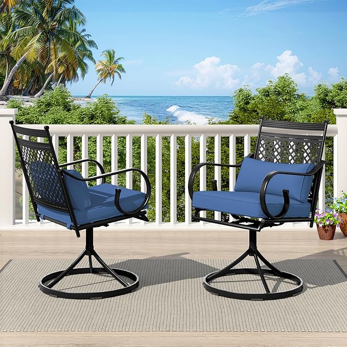 MELLCOM Patio Swivel Chair Set of 2, Heavy Duty Outdoor Dining Chairs with Cushions and Lumbar Pillows, Metal Patio Chairs Gentle Rocker for Outside, Garden Lawn & Porch, Backyard, Blue