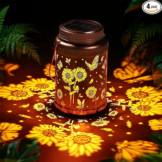 Cooo 4 Pack Solar Lanterns Outdoor Waterproof & Solar Pathway Lights -Rose Gold Sunfower Landscape Path Lights Christmas Lights Gifts for Women Mom Grandma for Garden Yard Patio Backyard Porch Decor