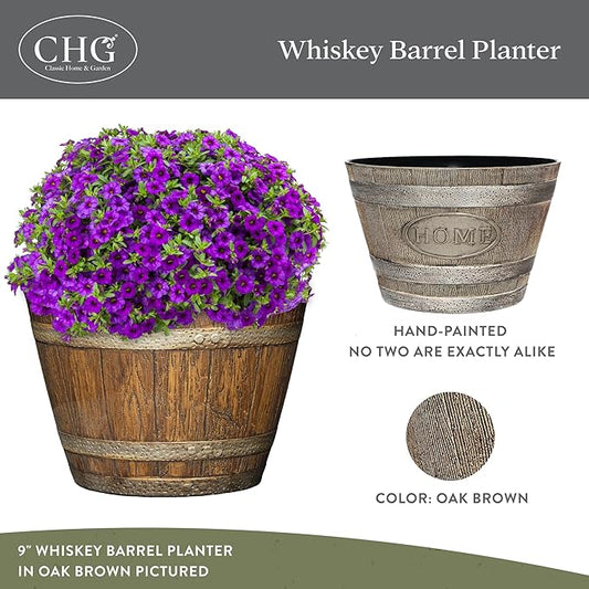 Classic Home and Garden Whiskey Barrel Planters - Home Flower Planter Pot - Decorative Garden Pots - Indoor & Outdoor Resin Planters - Weather-Resistant Planting Pots (15" Oak Brown, Pack of 1)