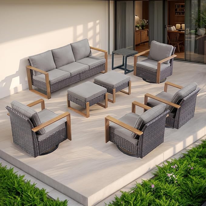 Rilyson Outdoor Wicker Patio Furniture Set - 5 Piece Patio Conversation Set with 2 Wicker Swivel Rocker Chairs,2 Ottoman, 1 Side Table, Thick Cushions, Deep Seating, Wide Armrest(Brown/Grey)