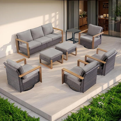 Rilyson Outdoor Wicker Patio Furniture Set - 5 Piece Patio Conversation Set with 2 Wicker Swivel Rocker Chairs,2 Ottoman, 1 Side Table, Thick Cushions, Deep Seating, Wide Armrest(Brown/Grey)