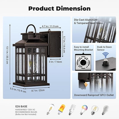 Porch Lights Outdoor with GFCI Outlet, Modern Oil Rubbed Bronze Exterior Lighting Fixtures with Gold Trim, Aluminum Waterproof Outdoor Light Fixtures Wall Mount for Garage, Garden, Entrance