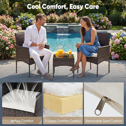 DUMOS 3 Piece Patio Furniture Set, All-Weather Outdoor Wicker Chairs with Removable Cushions & Tempered Glass Table, Small Bistro Set for Porch, Balcony, Lawn, Backyard Brown