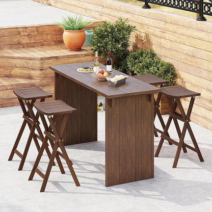 COSTWAY Folding Wooden Bar Stools Set of 4, 30-inch Height Backless Saddle Stools with Footrest, Foldable Chairs for Kitchen Island, Counter, Patio, Indoor & Outdoor, No Assembly Required, Teak