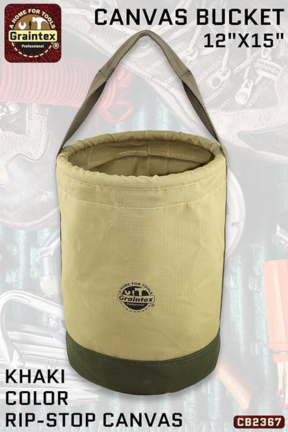 Graintex Canvas Utility Bucket 12"x15", Round Tool Bucket, Reinforced Base & Carry Handle, Ripstop Canvas, Multi-Purpose Bag for Jobsite, Gardening, Home Use, Ideal for Tool Storage Solutions