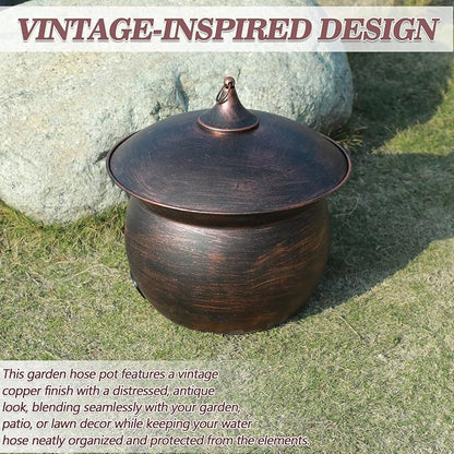 Metal Garden Hose Storage Pot, Vintage Copper Finish Hose Holder with Lid, Heavy-Duty Outdoor Water Hose Container for Patio/Yard/Lawn Decor