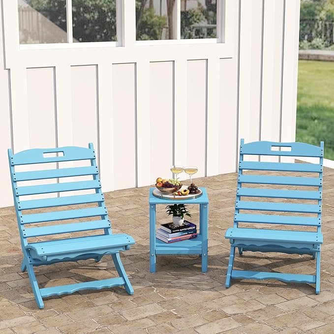 GREENVINES 3 Pieces Patio Furniture Set | Outdoor Bistro Sets for 2 | HDPE Plastic | Folding-Adirondack-Chairs-with-Side-Table | All Weather | Xavier Chair | for Porch Deck Poolside Backyard | Arctic