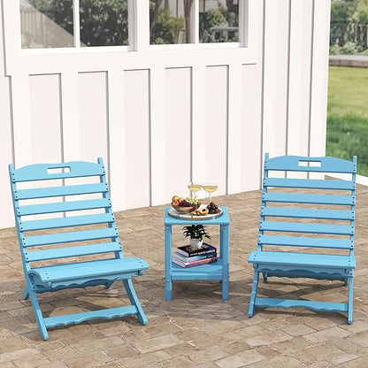 GREENVINES 3 Pieces Patio Furniture Set | Outdoor Bistro Sets for 2 | HDPE Plastic | Folding-Adirondack-Chairs-with-Side-Table | All Weather | Xavier Chair | for Porch Deck Poolside Backyard | Arctic