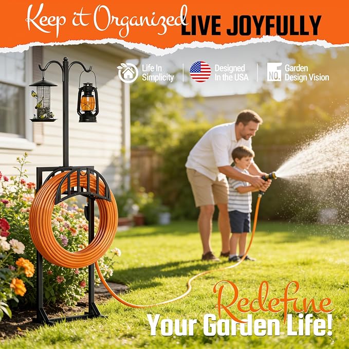Garden Hose Reel Holder, Water Hose Stand for Outside with 4 Stake and 2 Shepherds Hooks, Freestanding Hose Storage Holds 150Ft, Heavy-Duty Metal Hose Hanger Rack for Yard, Lawn, Farm, Coffee