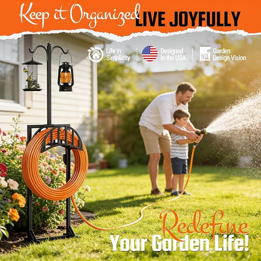 Garden Hose Reel Holder, Water Hose Stand for Outside with 4 Stake and 2 Shepherds Hooks, Freestanding Hose Storage Holds 150Ft, Heavy-Duty Metal Hose Hanger Rack for Yard, Lawn, Farm, Coffee